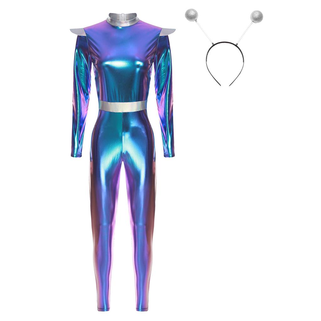 Womens Alien Robot Astronaut Cosplay Costume Metallic Shiny Full Body Unitard Long Sleeve Jumpsuit