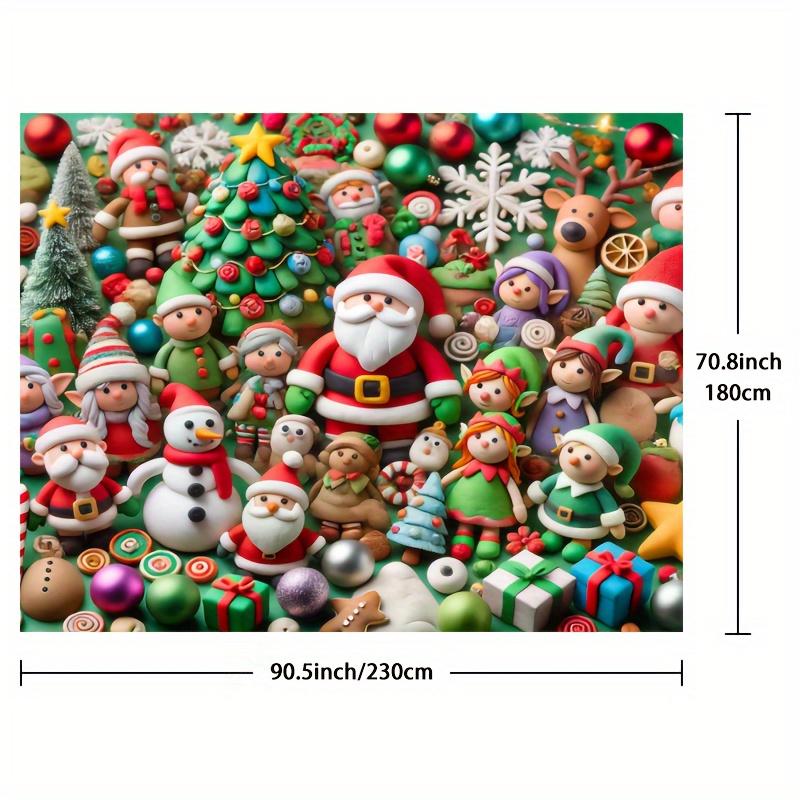 A charming Christmas polyester background cloth featuring Santa Claus, snowmen and elves - the perfect party decoration