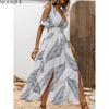 MODIQUE 2025 Summer Plus Size New Women's Sexy Printing Elastic Waist Split Long Dress Ladies X-Line Hot Raglan Sleeve V-Neck Dress