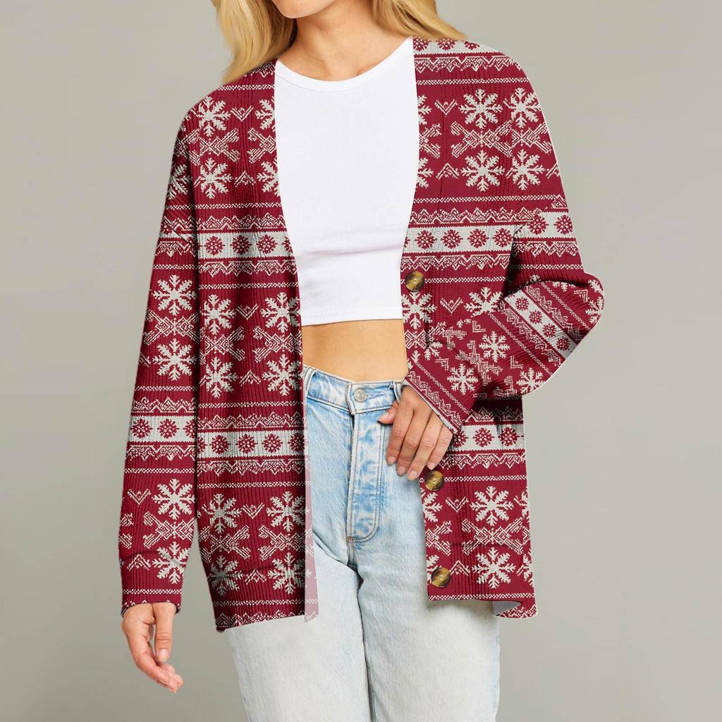 Женский модный кардиган с длинным рукавом, V-образным вырезом, на пуговицах, свободного кроя, с рождественским принтом