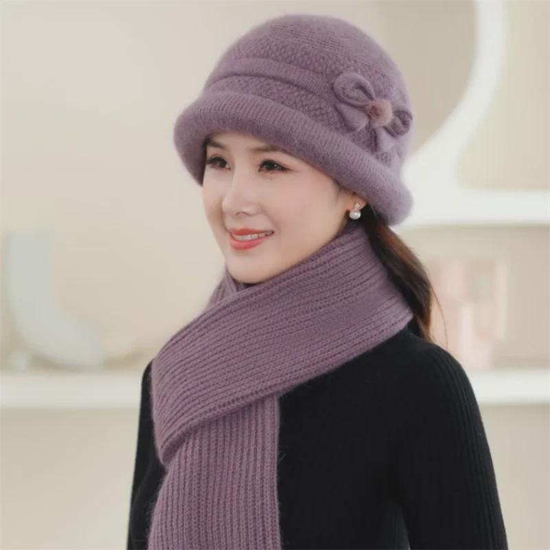 Women's Trendy Korean Style Knit Rabbit Fur Hat and Thick Scarf Set for Autumn/Winter