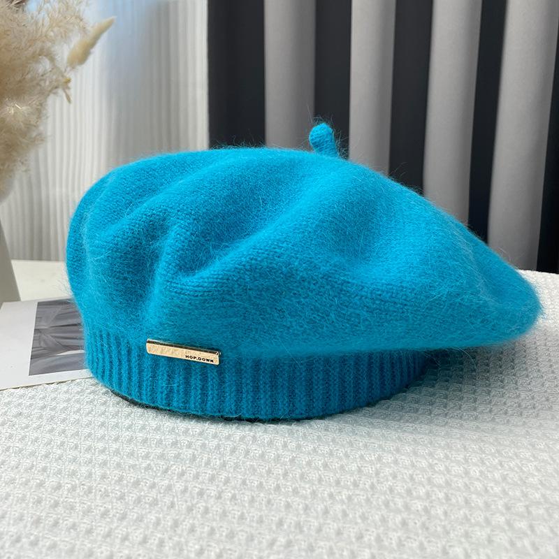 Rabbit Hair Beret Hat for Women Autumn Winter Korean Gray Painter Hats Retro Iron Logo Yarn Bud Caps