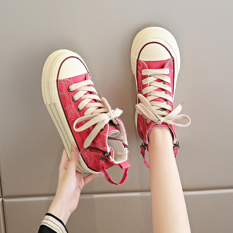 CRLAYDK Classic Retro Mid Top Canvas Sneakers for Women Zipper Slip On Platform Shoes Fashion Ladies Casual Walking Tennis