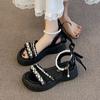 Fashion Women's Sandals Summer New Thick Bottom Round Head Open Toe Pearl Buckle Sandals Casual Fashion Soft Sole Non-slip Sandals