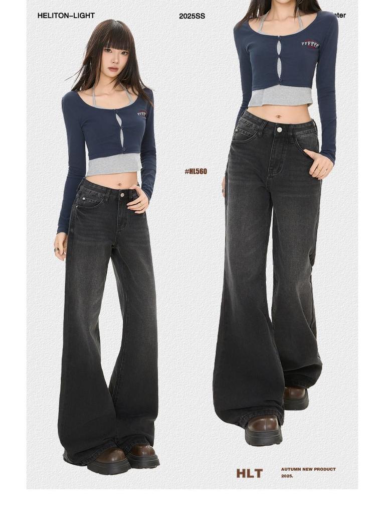 2025 Черно-серые вельветовые джинсы клеш с высокой посадкой и широкими штанинами для женщин