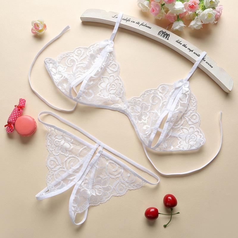 Sexy Underwear Women's Open Three-point Sexy Lace Transparent Open Panties Bra Strap Backless Temptation