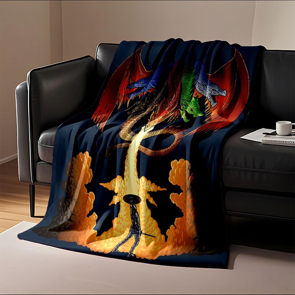 A five-headed dragon breathes fire at a lone warrior, creating smoke clouds. for all seasons blanket lunch break throw gift