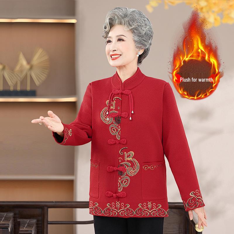 Женский вязаный жаккардовый свитер - в китайском стиле с застежкой-пуговицей в виде лягушки, с плюшевой подкладкой, осенне-зимнее пальто для женщин среднего и пожилого возраста