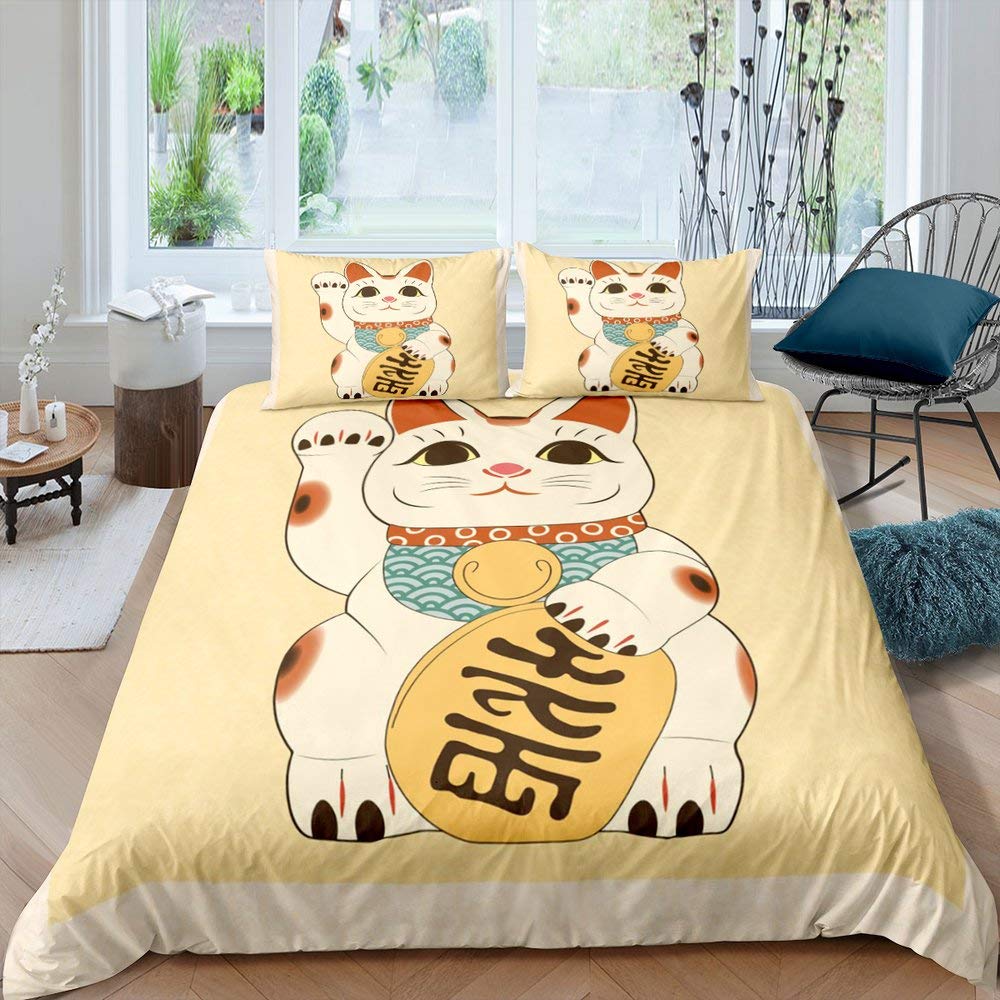 Maneki Duvet Cover SetJapanese Lucky Cat Duvet Cover Neko Gold Coin Japanese Style Cute Bedding Set Cat Comforter Cover 2/3pcs