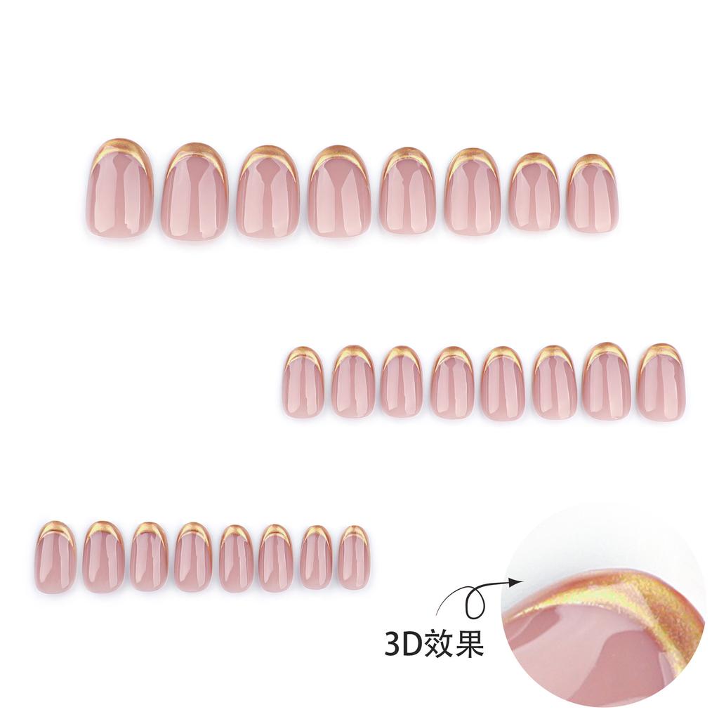 24pcs Simple Short Short Round Nude Pink Manicure French Gold Wearable Fake Nail Gold Paste 3D Wearable Nail Clipping