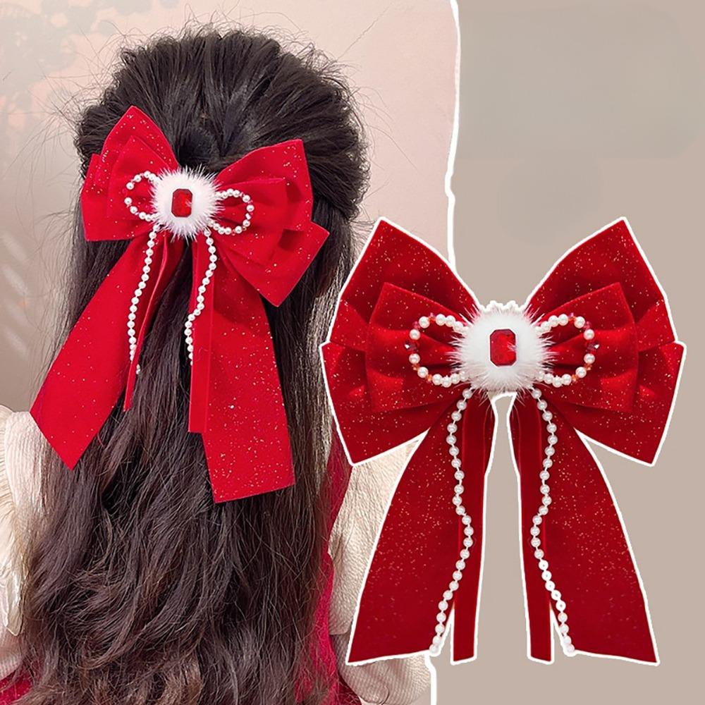 Headwear Red Bow Hair Clips Jewelry Tassels Pearl Barrettes Ribbon Hairpin Hair Styling Accessory
