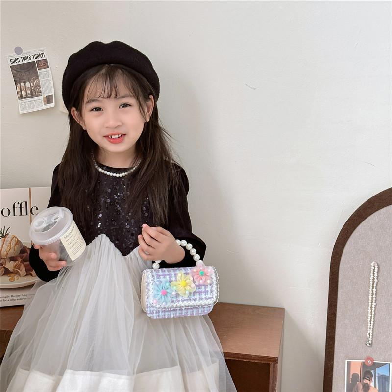 Stylish Children's Pearl Handbag Cute Floral Design Small Square Bag For Girls