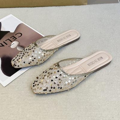 Модные новые туфли-баотоу весна квадратный носок неглубокий вырез блестящая сетчатая накладка на стопу мягкая подошва противоскользящие износостойкие туфли на плоской подошве