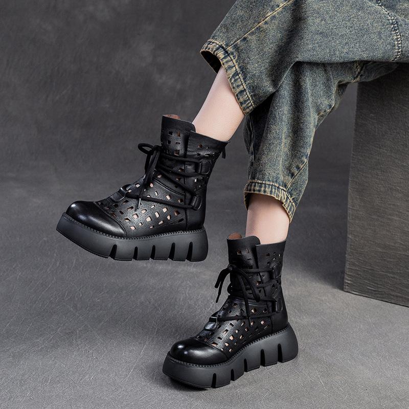 Модные GKTINOO 2024 Новые Полые Сандалии из Натуральной Кожи Женская Обувь Сандалии Платформа Танкетка Летняя Обувь Женская Мода Повседневные Сандалии