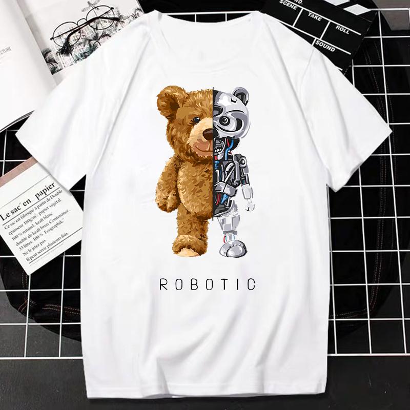 2023 Creative Teddy Robot Print Tshirt Cool Robotic Graphic Streetwear Women Men Casual Oversized Tee Hip Hop Grunge Tee Custom