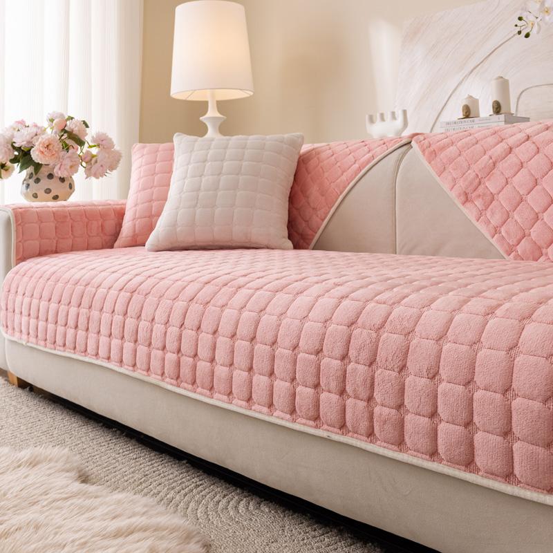 Velvet Plush Plaid Quilted Sofa Cover Super Soft Non Slip Sectional Couch Cover Fluffy Fuzzy Slipcover Furniture Protector