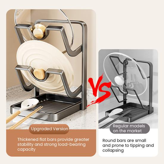 Yousheng Настольный органайзер для крышек от кастрюль, подставка для хранения крышек от сковородок со съемным поддоном для капель и подставкой для ложки, органайзер для кухонной столешницы во время приготовления пищи для крышек