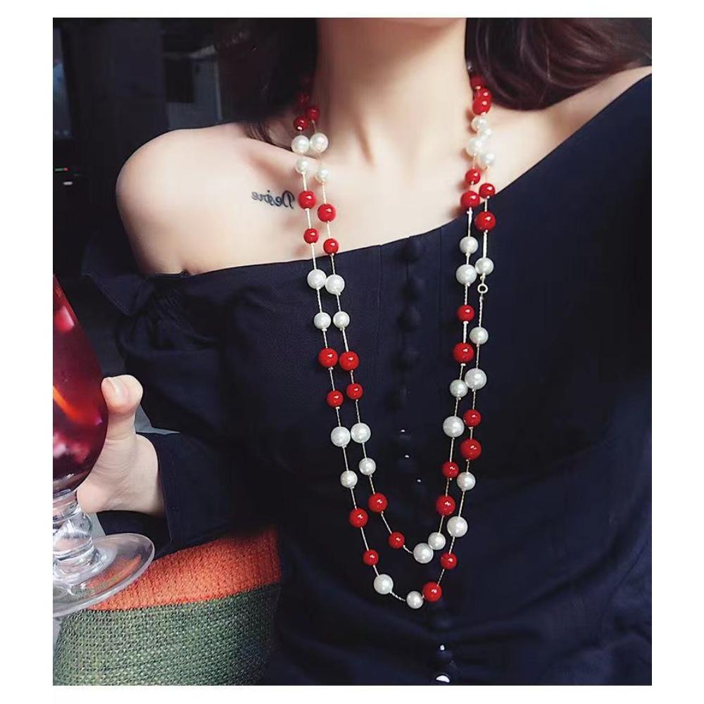 JMXD Французский Шик Элегантное Женское Длинное Многослойное Ожерелье из Стеклянного Жемчуга Модное Универсальное Винтажное Стильное Необходимое Ювелирное Изделие