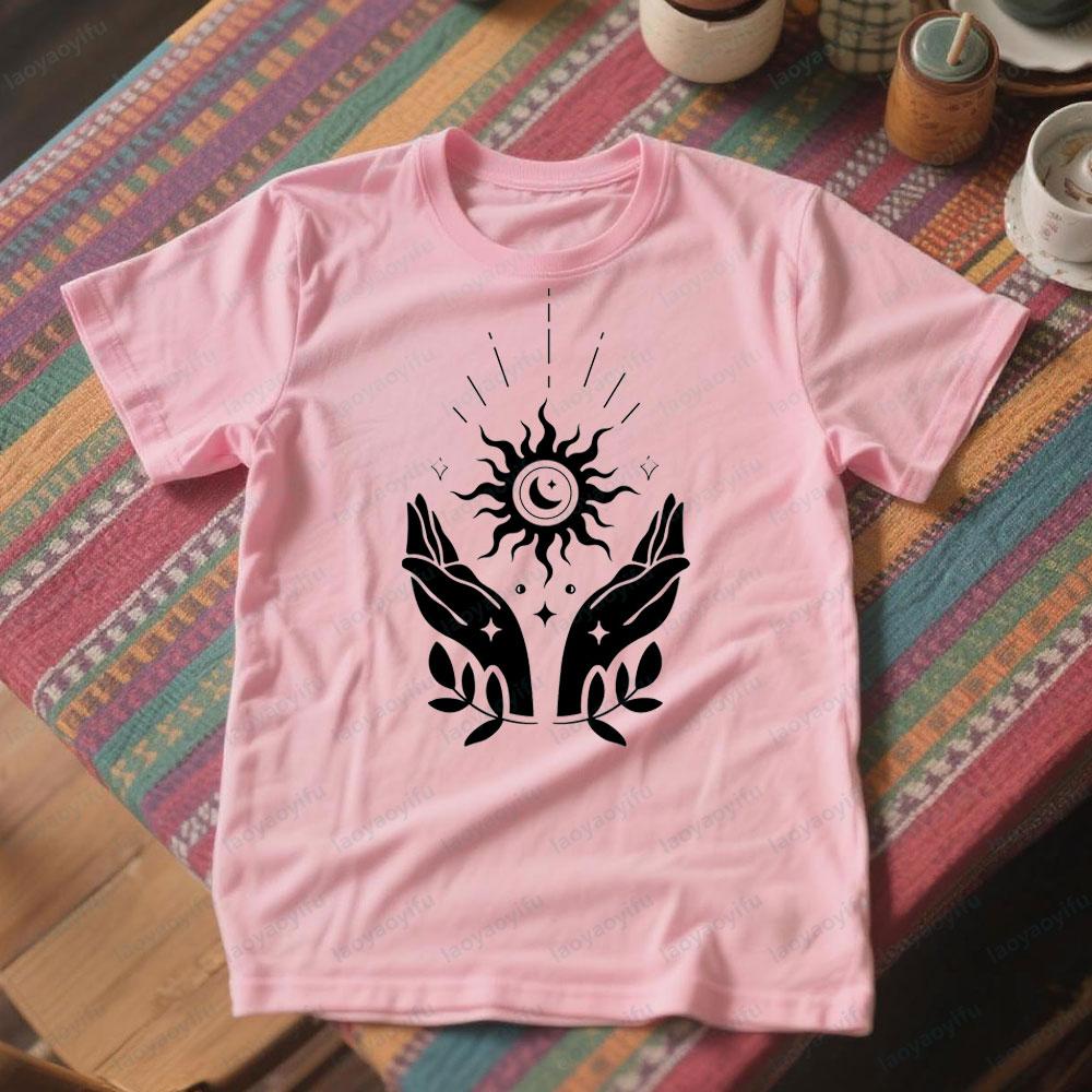 Boho Sun Moon Hands Nature TShirt Celestial Graphic Tee Men Women Casual Crewneck Cotton Shirt Creative Pattern Streetwear