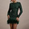 Yousheng Women's Sequin Feather Trim Mini Dress Long Sleeve Sexy Shiny Bodycon Dress Sparkly Cocktail Gown for Birthday Party Club Night