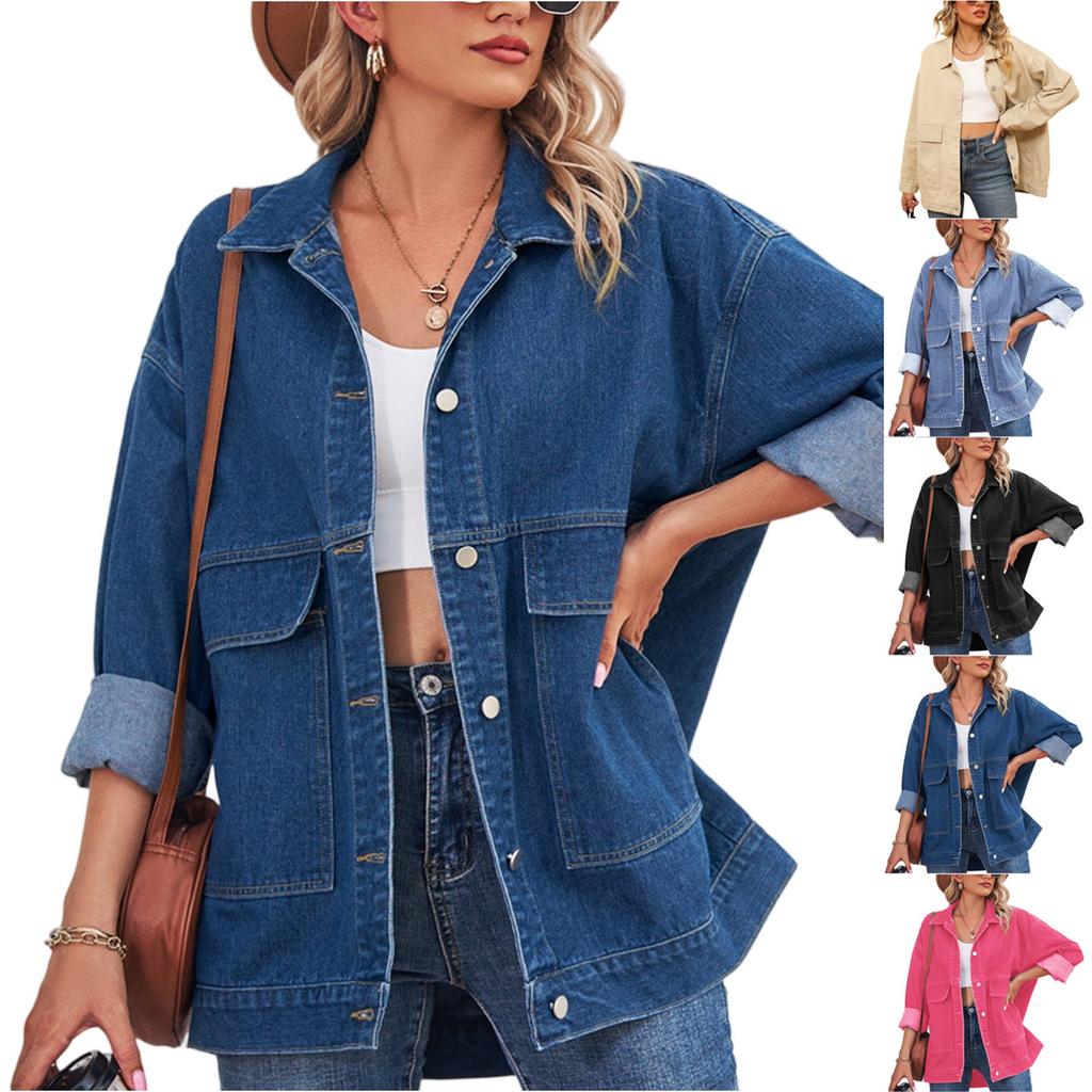 Women's Fashionable Versatile Classic Retro Solid Color Lapel Long Sleeved Pocket Loose Denim Jacket