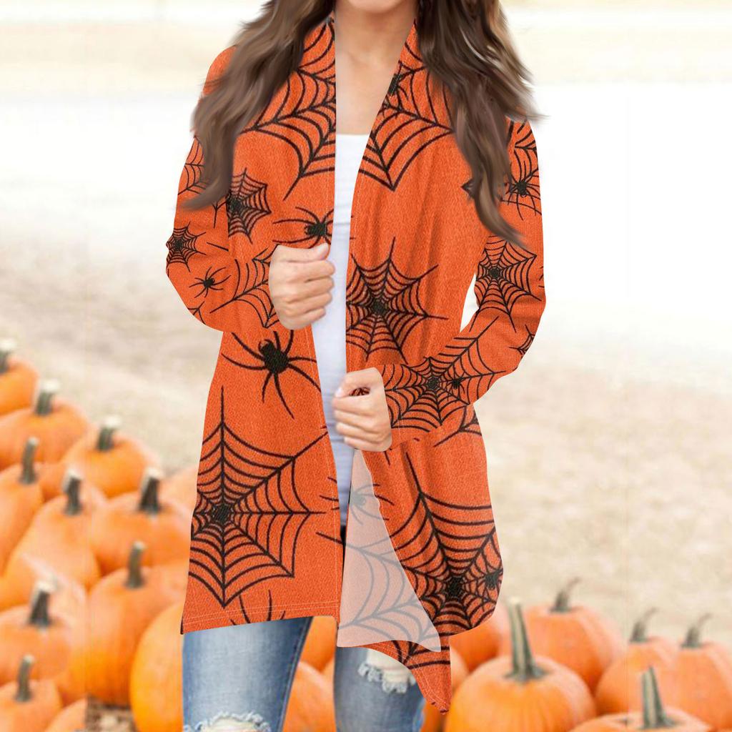 Женская модная повседневная куртка-кардиган средней длины с длинным рукавом и принтом на Хэллоуин