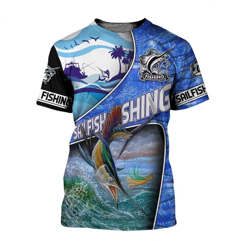 Retro Men's T-shirt, Outdoor Sports Short Sleeved T-shirt with 3D Fishing Print, Men's Casual T-shirt, Loose T-shirt, Men's Streetwear