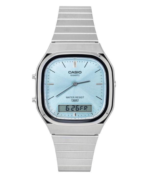 Casio Винтажные аналогово-цифровые часы унисекс из нержавеющей стали с светло-голубым циферблатом, кварцевые AQ-240E-2A