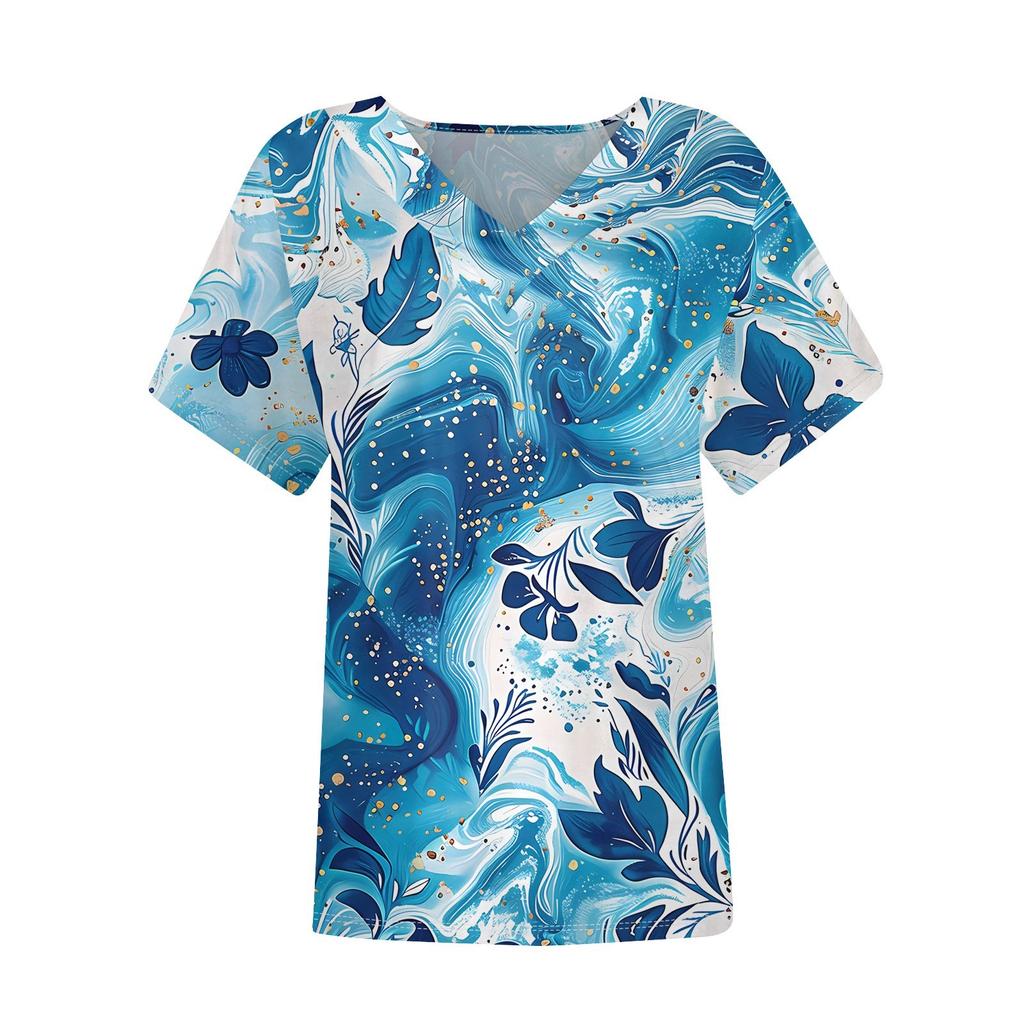 Women's Short Sleeve Shirts V Neck Print Tops Casual Tops Basic Tees Blouse Loose Tops