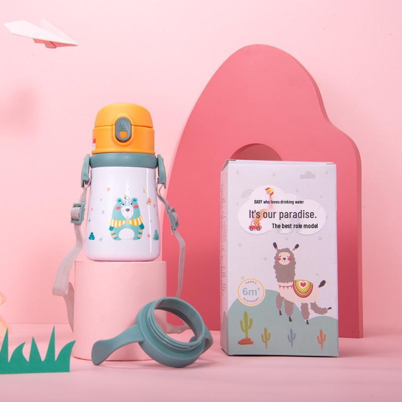 Детский термос из нержавеющей стали с мультяшным принтом, трубочкой, ручкой, ремешком и персонализированной бутылкой для воды для школьников