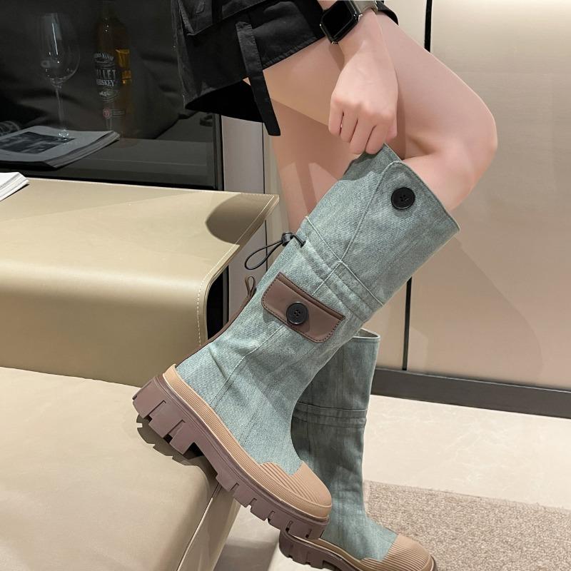 Уличная мода женские джинсовые сапоги 2024 Новые осенне-зимние женские сапоги на платформе до колена высокие сапоги в стиле ретро Zapatos Chunky Mujer