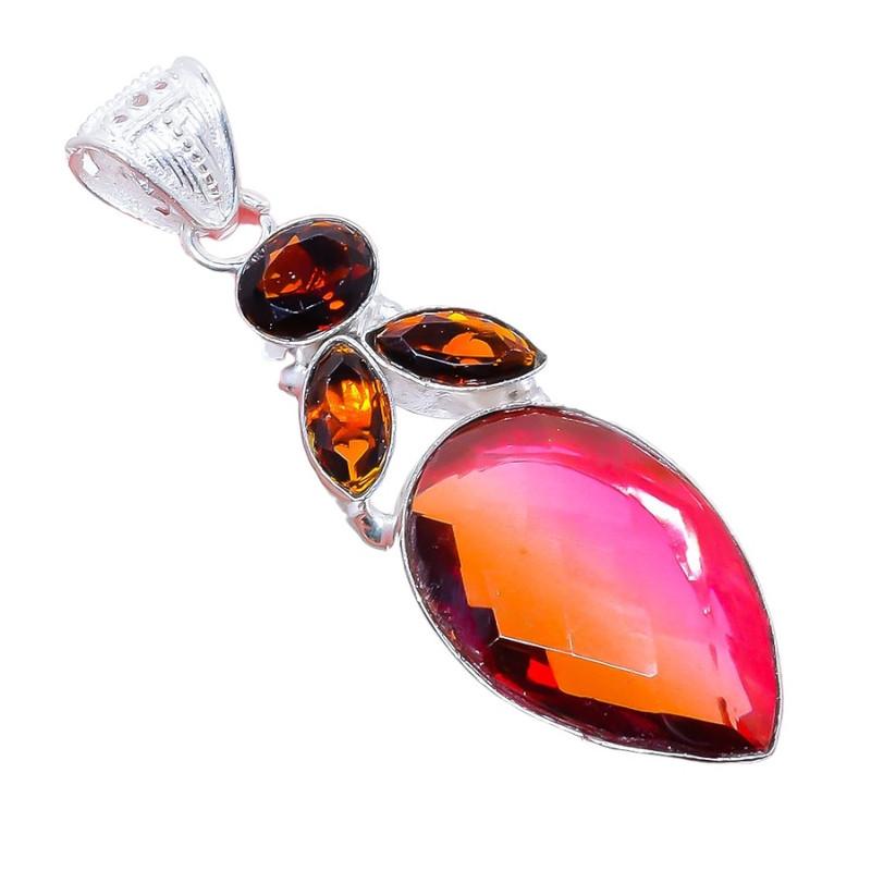 Bi-Color Tourmaline, Smokey Gemstone 925 Sterling Silver Jewelry Pendant 2.5" AH-3254