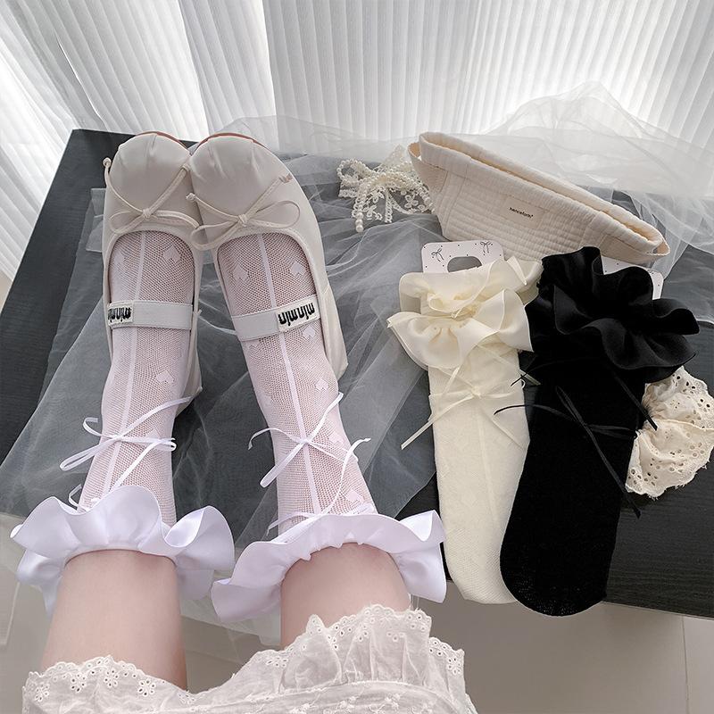 Женские летние тонкие гольфы в полоску «Любовь», балетного стиля, с лентами и кружевом