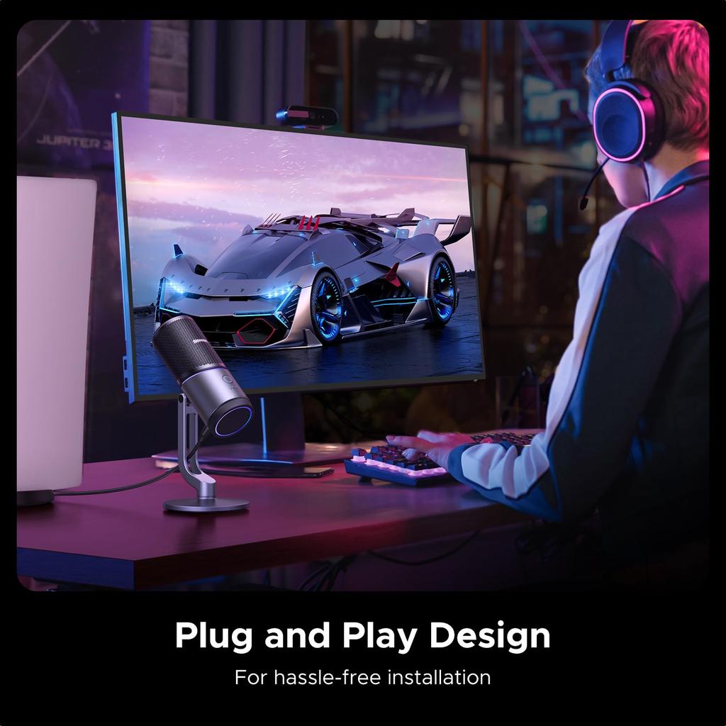 Настольный микрофон UGREEN с RGB-подсветкой, USB-кнопка отключения звука, однонаправленная диаграмма направленности 24 бит/96 кГц, регулятор громкости, конденсаторный микрофон для