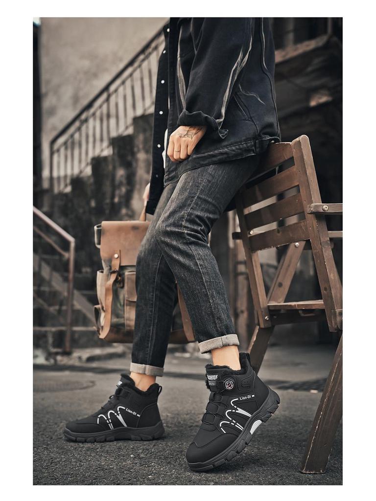 2025 Зимние мужские высокие утепленные хлопковые ботинки с поворотной пряжкой - ботинки Мартин в британском стиле