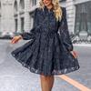 Women Autumn Winter Long Sleeve Print Elegant V-neck A-Line Mid-Length High Waist Dress