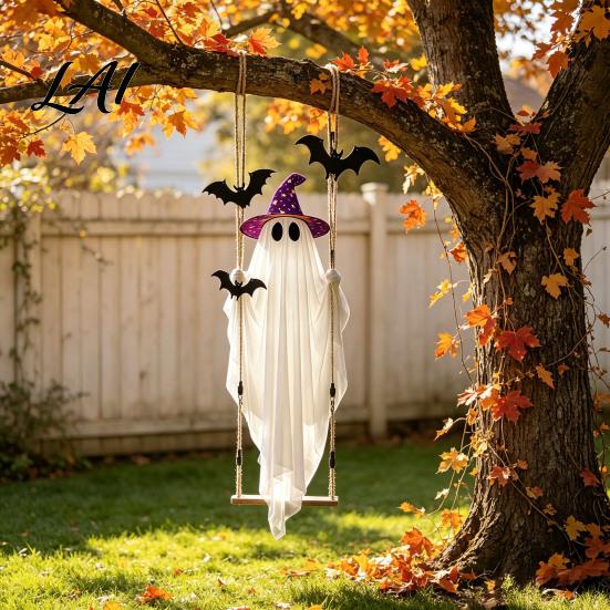 Ghostly Hanging Lights for Patio Halloween Swing Ghost Ornament with LED String Outdoor Decor Adjustable Spooky Displays Light-Up Bat Decor
