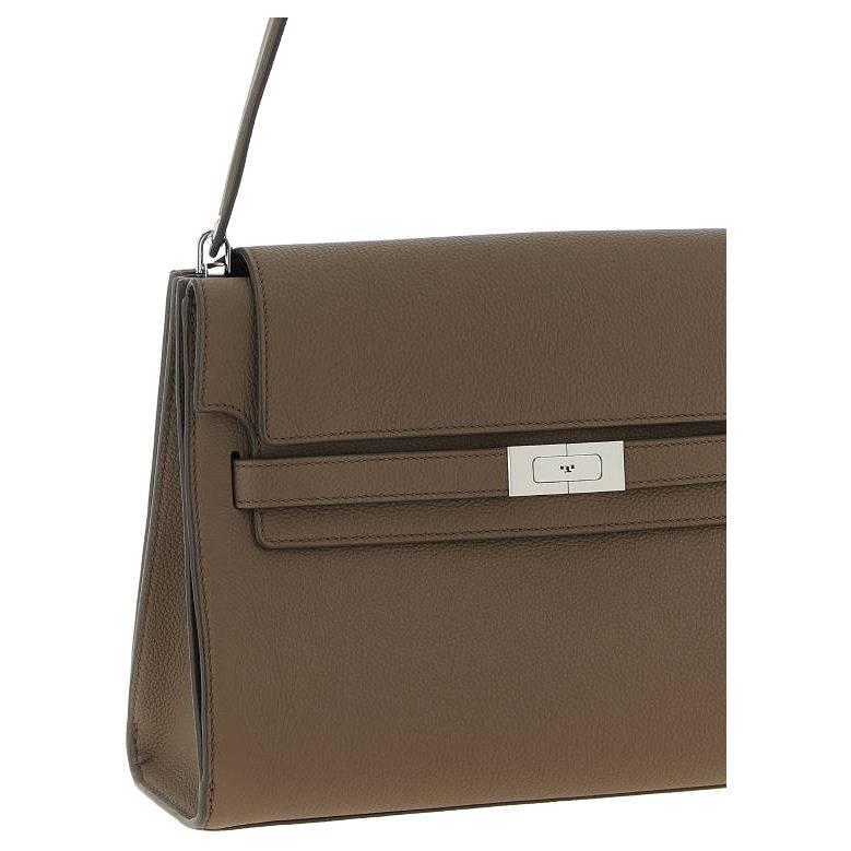 Tory Burch Lee Radziwill Silver Metallic Lock Closure Leather Shoulder Bag Large Women Shoulder Bag Mushroom-Gray 169241-250