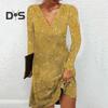 Women Sequin Dress V Neck Loose Long Sleeves Solid Color Evening Dress Spring Above Knee Length Autumn Party Dress