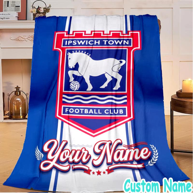 Custom Name Ipswich Football Club Crest Flannel Blanket Seasonal Universal Blanket For Indoor/outdoor, Perfect For Bedroom Sofa birthday gifts