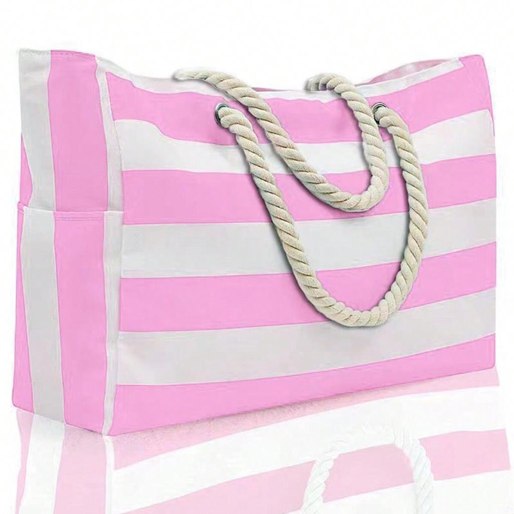 Striped Canvas Summer Beach Bag, Large Capacity Shopping Bag, Fashion Tote Bag For Travel,Ideal for Beach, Travel, & Camping