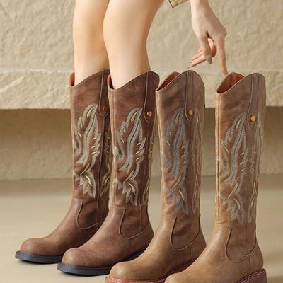 Модная женская обувь Вышитые ковбойские сапоги в западном стиле Осенние сапоги до колена с острым носком и толстым каблуком Женские сапоги из искусственной ПУ кожи свободного кроя Botas Mujer