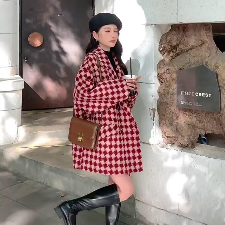 Утепленная шерстяная куртка в британском стиле в стиле ретро с красными вставками, женская осенне-зимняя свободная повседневная шерстяная куртка