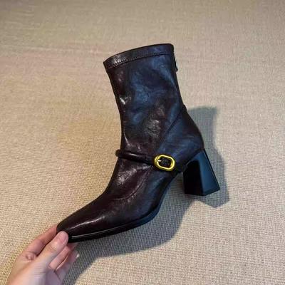 Версия из коровьей кожи~ Ботильоны на высоком каблуке с квадратным носком, женские французские ботильоны на толстом каблуке в стиле ретро, с задней молнией, из мягкой кожи, эластичные модные ботильоны