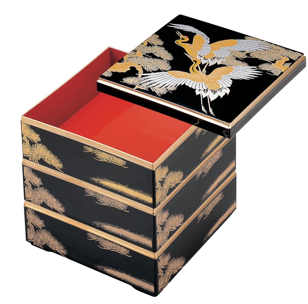 Wakaizumi Kurashige Lacquer Black with Vermilion Pine and Crane Design with Gold 3 Lacquerware, 6.5-inch Box, Interior, Lines, Tiers, H-158-3A