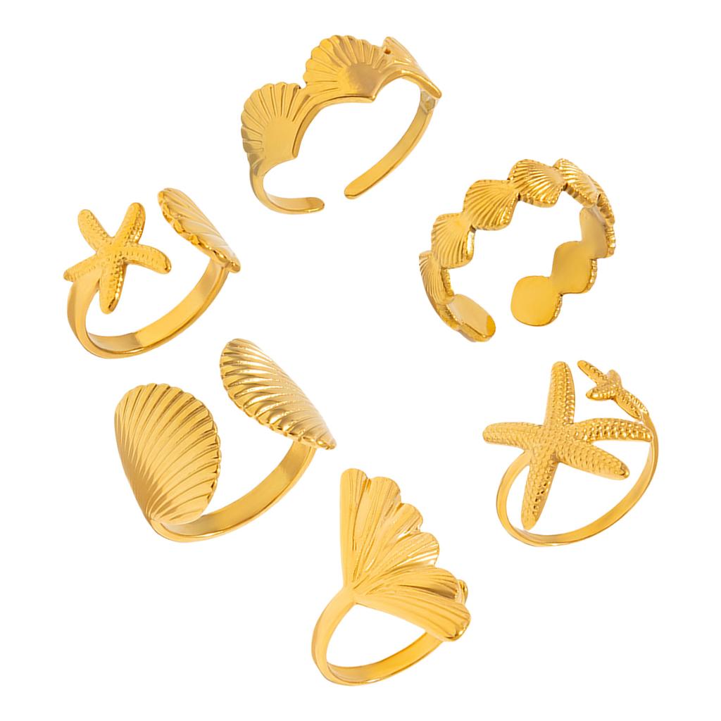 Набор из 6 регулируемых колец в виде морских звезд и ракушек. Ювелирные украшения для отдыха на море. Модные кольца для ношения в несколько рядов.