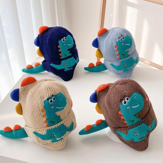Children Hat Cartoon Dinosaur Design Knitted Hat Soft Warm Ear Protection Kids Animal-themed Hat Winter Accessory