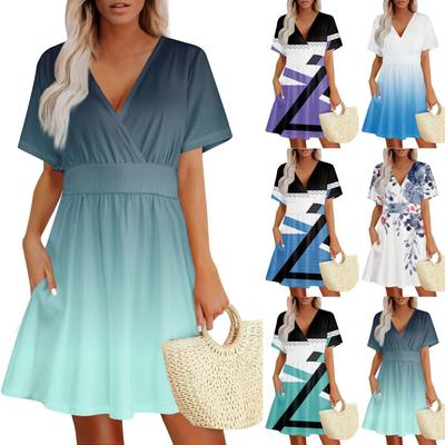 Летнее повседневное платье с V-образным вырезом, короткими рукавами, цветочным принтом и карманом для женщин