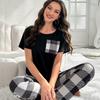 2025 Summer Women's Milk Silk Plaid Pajama Set - Short Sleeve Top & Thin Printed Trousers for Homewear or Outings