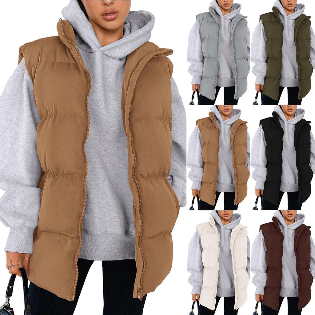 Женская мода осень жилеты повседневные без рукавов воротник стойка застежка куртка пальто теплая зимняя верхняя одежда